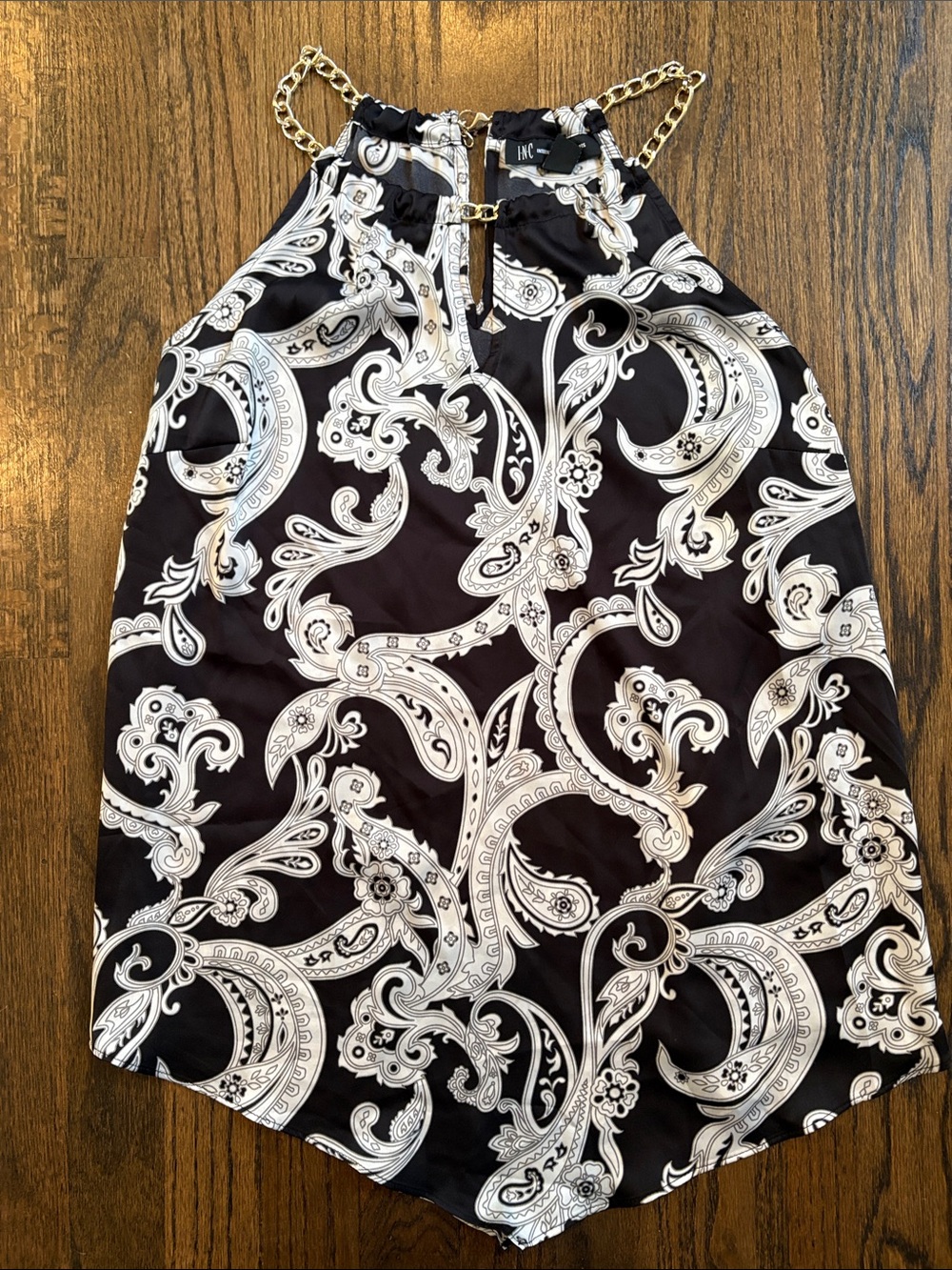 INC Black & White Paisley Halter Top with (gold)Chain Straps